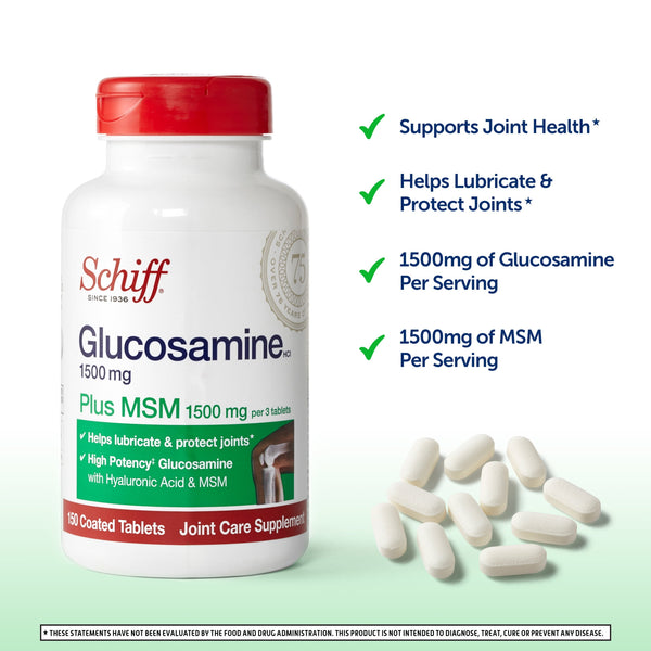 Schiff Glucosamine 1500mg (per serving) Plus MSM Tablets (150 count), To Help Support Joint Mobility and Flexibility With Extra Cartilage Support*