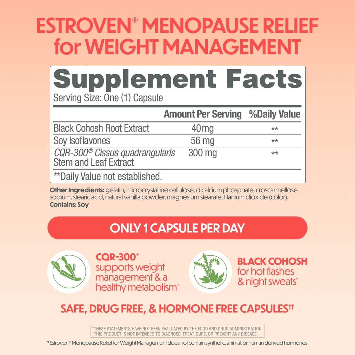 Estroven Menopause Relief Weight Management Daily Supplement, Support for Hot Flashes, Night Sweats, & Healthy Weight, 30 Count