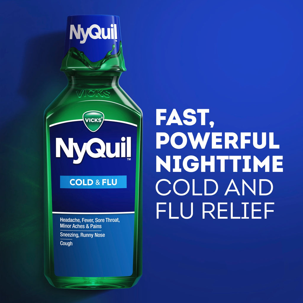 Vicks NyQuil Cold and Flu Liquid, Nighttime Cold Medicine, Original, 12 fl oz