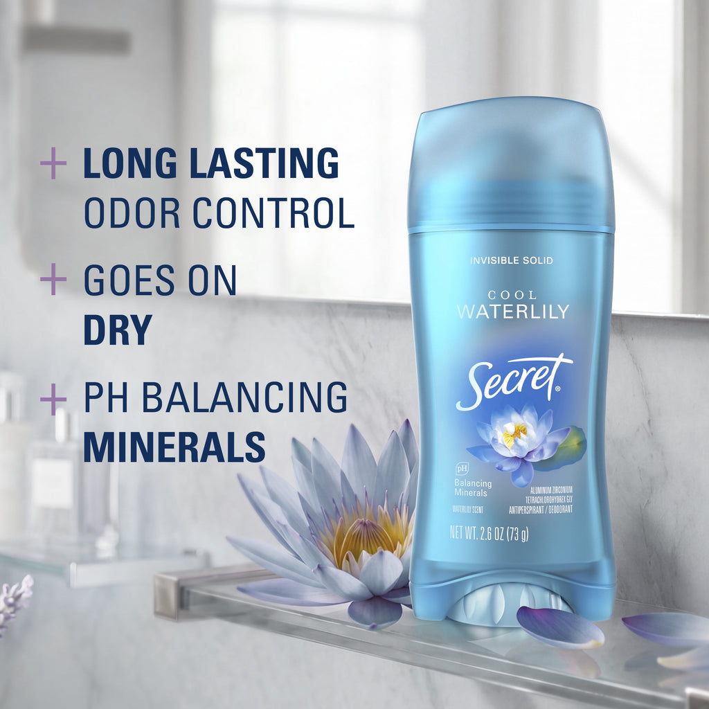 Secret Antiperspirant & Deodorant for Women, Invisible Solid, 72HR Breathable Sweat & Odor Protection, Cool Waterlily Scent, 2.6 oz