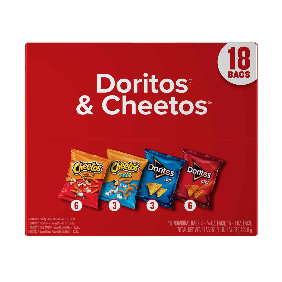 Frito Lay Doritos & Cheetos Snack Chips Mix Variety Pack, 18 Pack