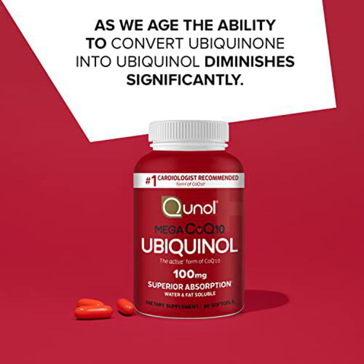 Qunol Mega Ubiquinol CoQ10 Softgels, 100mg, Antioxidant Supplement for Heart Health, 60 Count