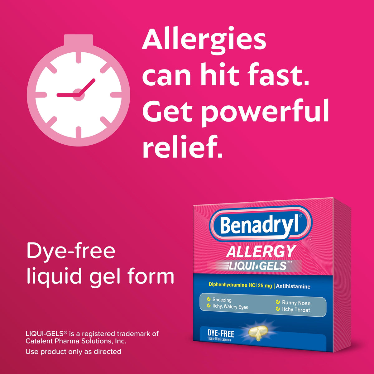 Benadryl Liqui-Gels Allergy Medicine, Diphenhydramine, Dye Free, 24 Count