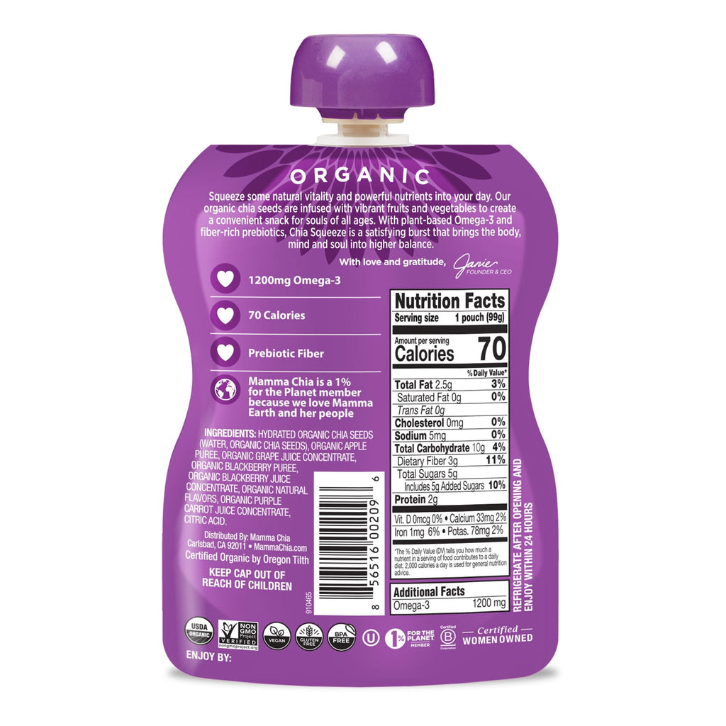 Mamma Chia Chia Squeeze Vitality Snack - Blackberry Bliss, 3.5 Ounce Pouches, 4 Count
