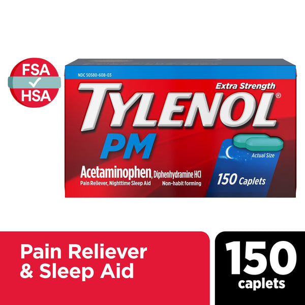 Tylenol PM Extra Strength Nighttime Pain Relief and Sleep Aid Caplets, Fast, Strong, 150 Count
