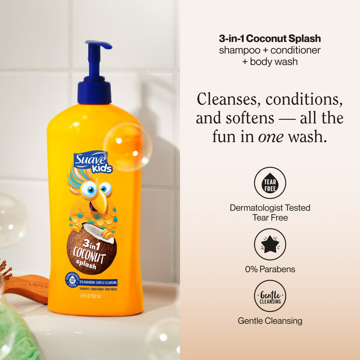 Suave Kids  3 in 1 Coconut Splash Shampoo, Conditioner & Body Wash, 18 FL OZ Pump