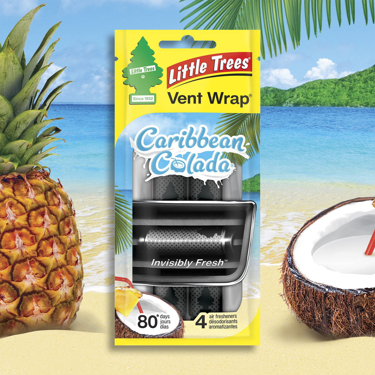 Little Trees Air Freshener Vent Wrap Caribbean Colada Fragrance 4-Pack