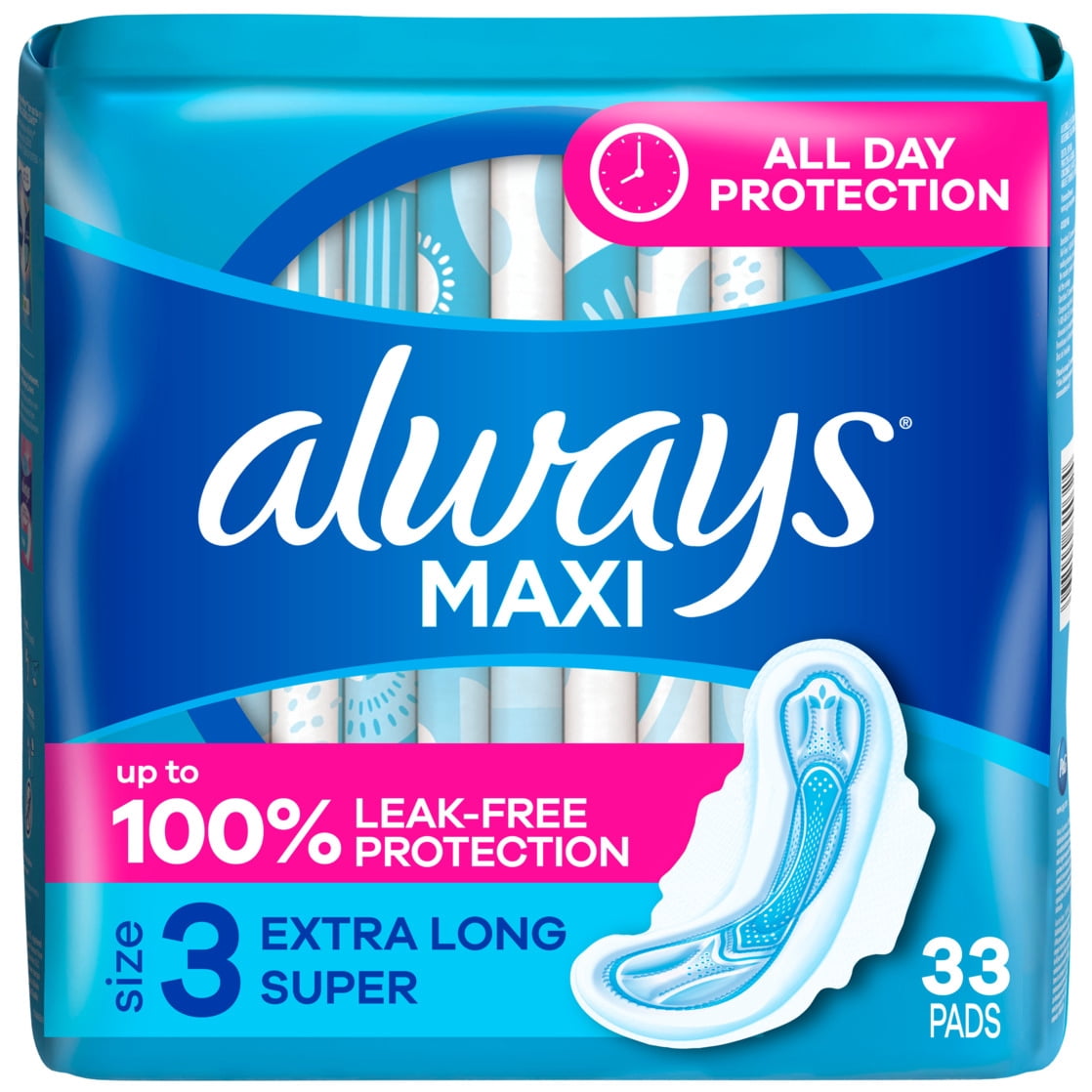 Always Maxi Pads with Wings, Size 3, Extra Long Super Absorbency, 33 Count