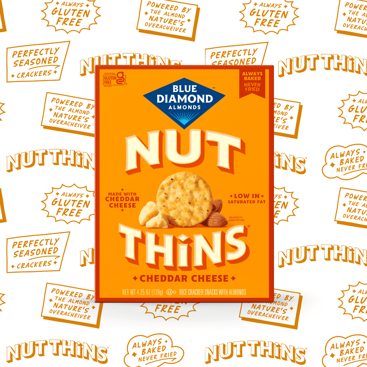 Blue Diamond Almonds Nut-Thins, Cheddar Cheese, Snack Crackers, Gluten-Free, 4.25oz Cardboard Box