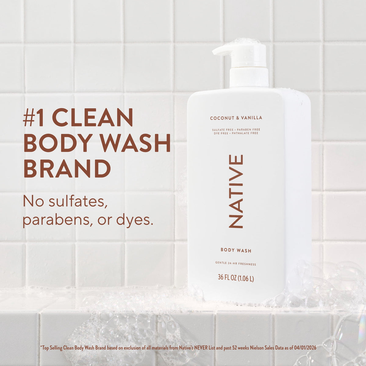 Native Body Wash, Sulfate Free, Naturally Derived Ingredients, 24hr Freshness, Coconut & Vanilla, 36 fl oz
