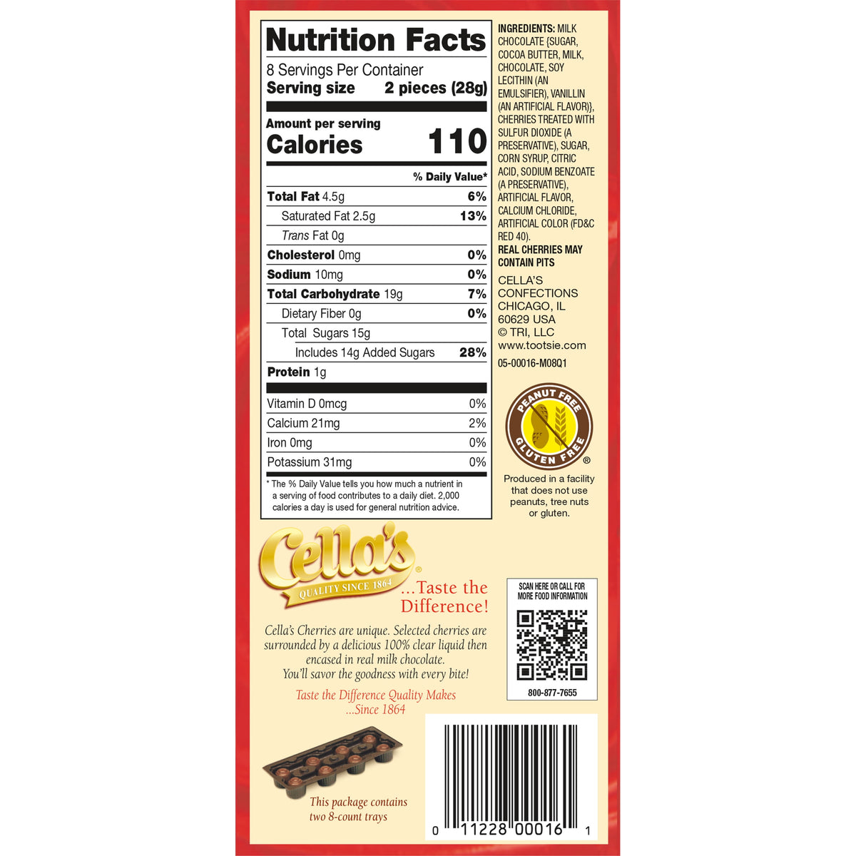 Cella's, Chocolate Covered Cherries, 8 oz, Peanut Free, Gluten Free, Contains Milk and Soy.
