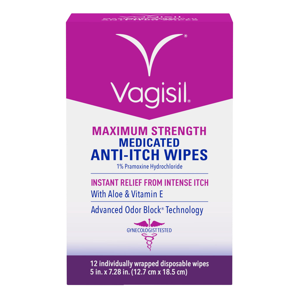 Vagisil Anti-Itch Medicated Feminine Intimate Wipes for Women, Maximum Strength, Gynecologist Tested, 12 Wipes