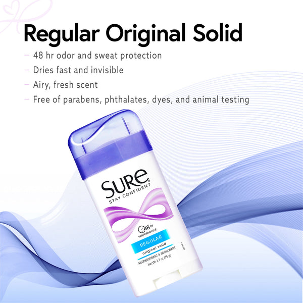Sure Solid Anti-Perspirant Deodorant Original Solid Stick, Regular Scent, Women, 2.7 oz
