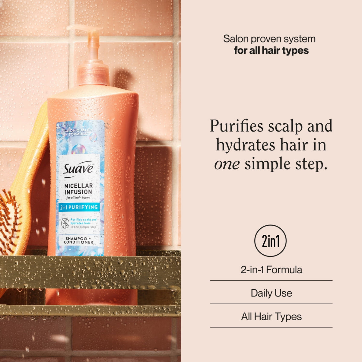 Suave Micellar Infusion 2-in-1 Purifying Shampoo and Conditioner, Soft Refreshed Hair, 28 fl oz