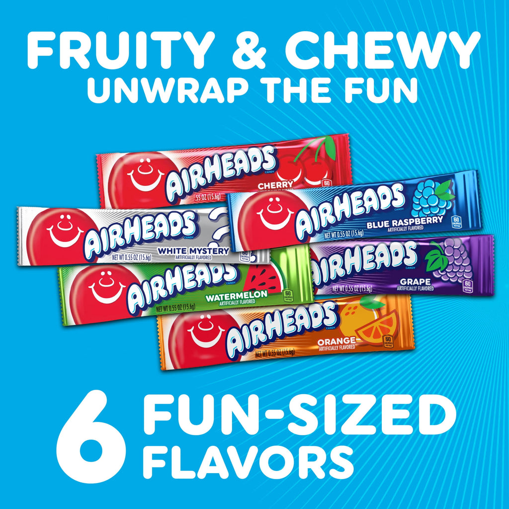 Airheads Peanut-Free Full-Size Chewy Candy Bars, Assorted Fruit Flavors, Bulk Candy Individually Wrapped, 6 Count Box
