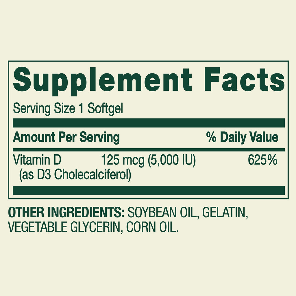 Spring Valley Extra Strength Vitamin D3 Softgels, 125 mcg (5000 IU), 250 Count, Supplement for Bone and Immune Health