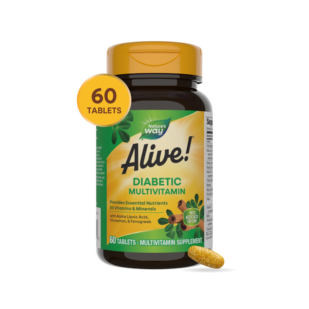 Alive! Diabetic Multivitamin, Nutritional Support for Adults with Diabetes, B-Vitamins, Unisex, 60ct