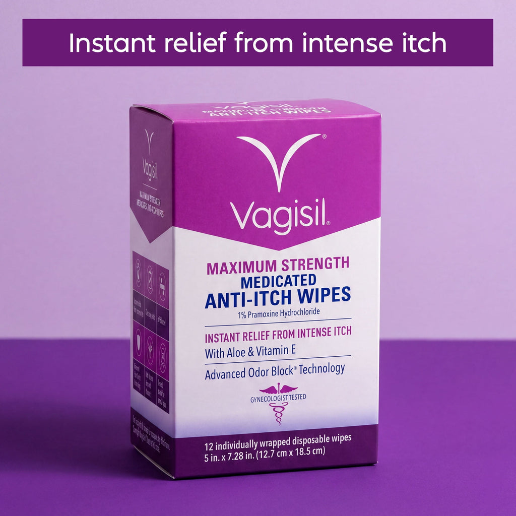Vagisil Anti-Itch Medicated Feminine Intimate Wipes for Women, Maximum Strength, Gynecologist Tested, 12 Wipes