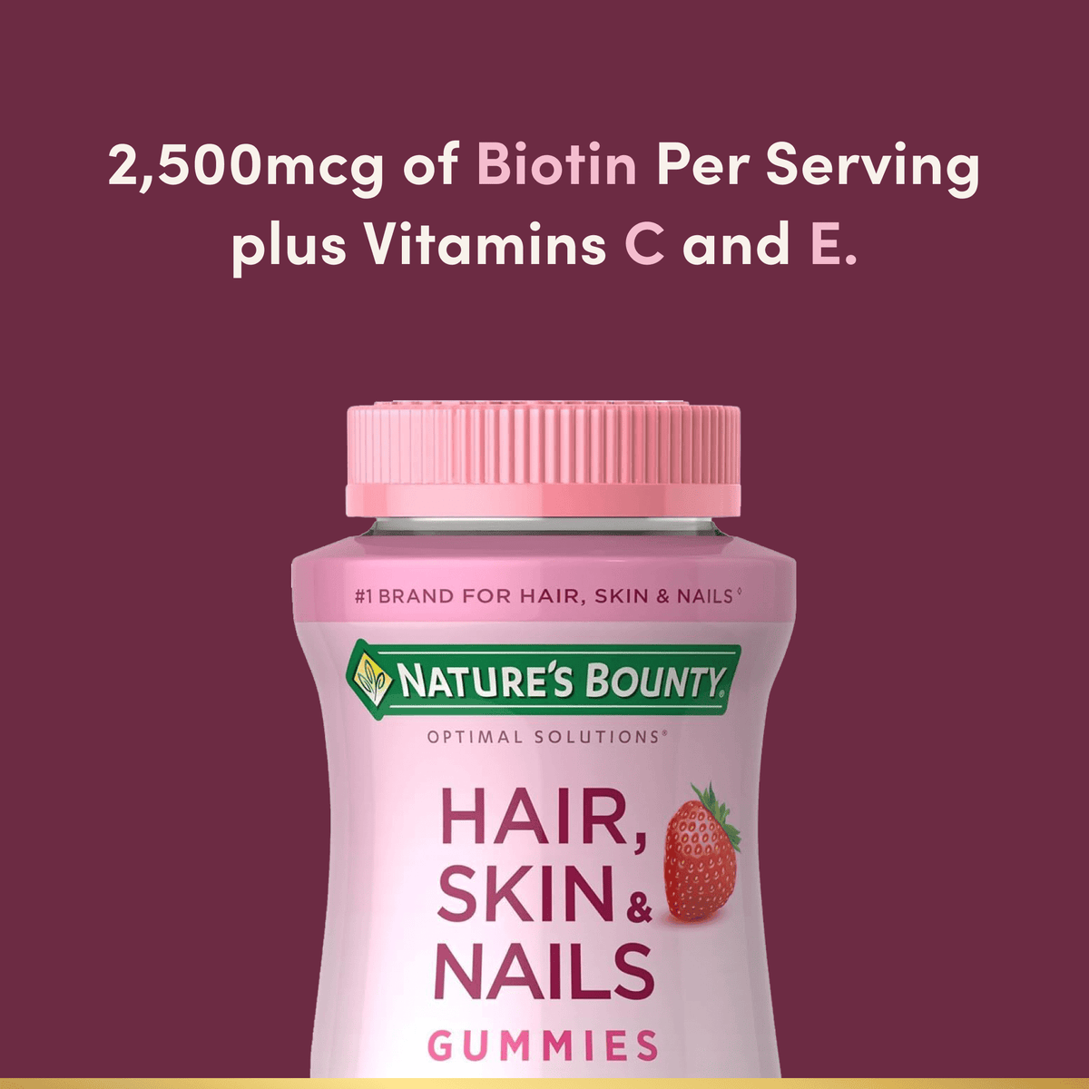 Nature's Bounty Optimal Solutions Hair Skin and Nail Vitamins With Biotin, Women's Multivitamin, Strawberry Gummies, 90 Count