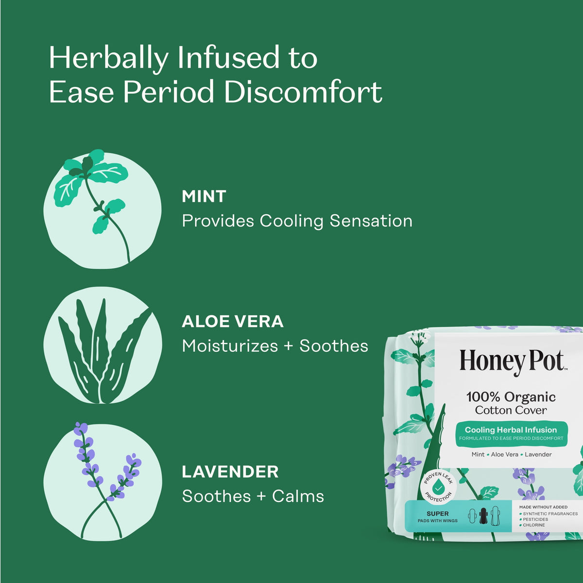 Honey Pot 100% Organic Cotton Cover Cooling Herbal Infusion Super Pads, 16 Count