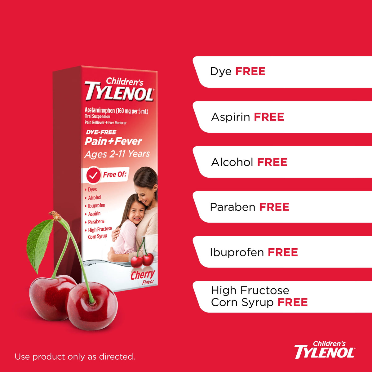 Children’s Tylenol Dye-Free, Oral Suspension, Pain Relief and Fever Reducer, Cherry Flavor 8 Fl oz