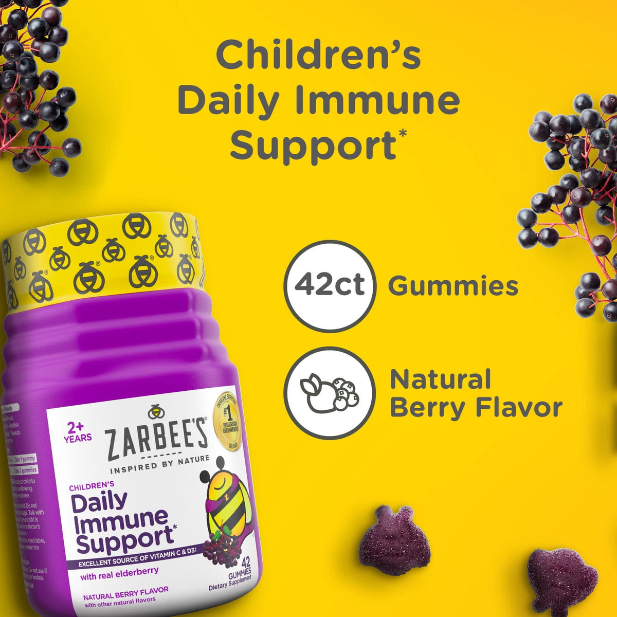Zarbee's Children's Daily Immune Support* Gummies + Elderberry, 42 Count