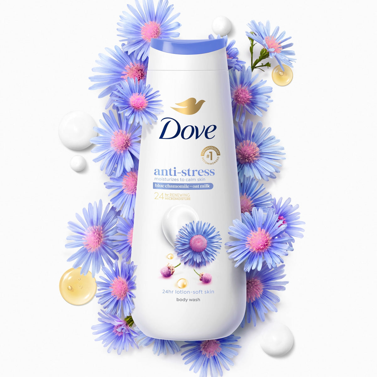 Dove Body Wash For 24hr Lotion-Soft Skin Anti-Stress Blue Chamomile & Oat Milk Moisturizing Skin Cleanser With No Sulfates No Parabens ,20 fl oz