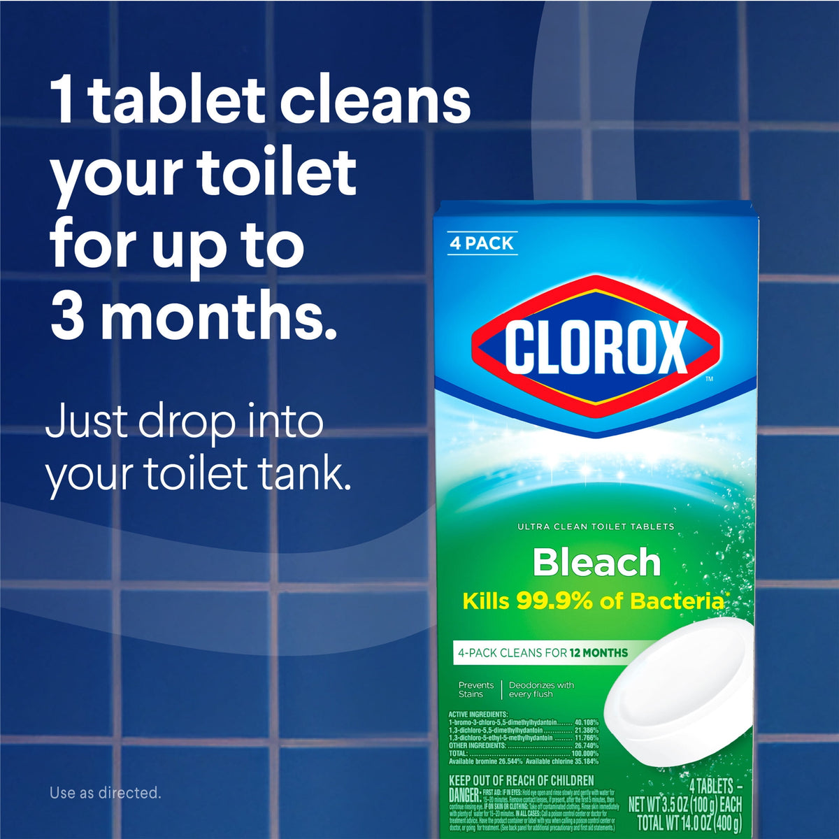 Clorox Ultra Clean Toilet Tablets with Bleach Bathroom Cleaner, 4 Pack
