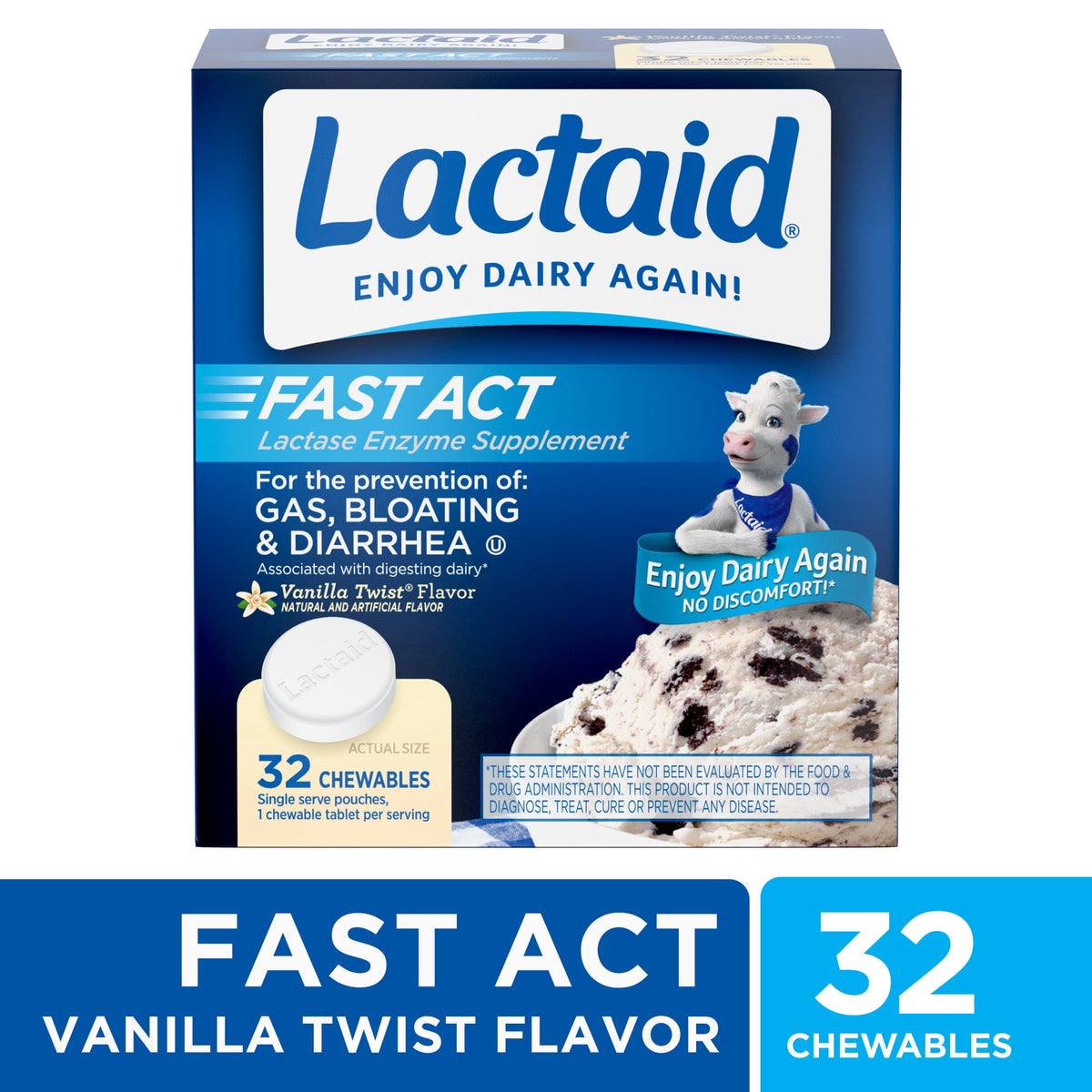 Lactaid Fast Act Lactose Relief Chewables, Vanilla, 32 Packs of 1 Count