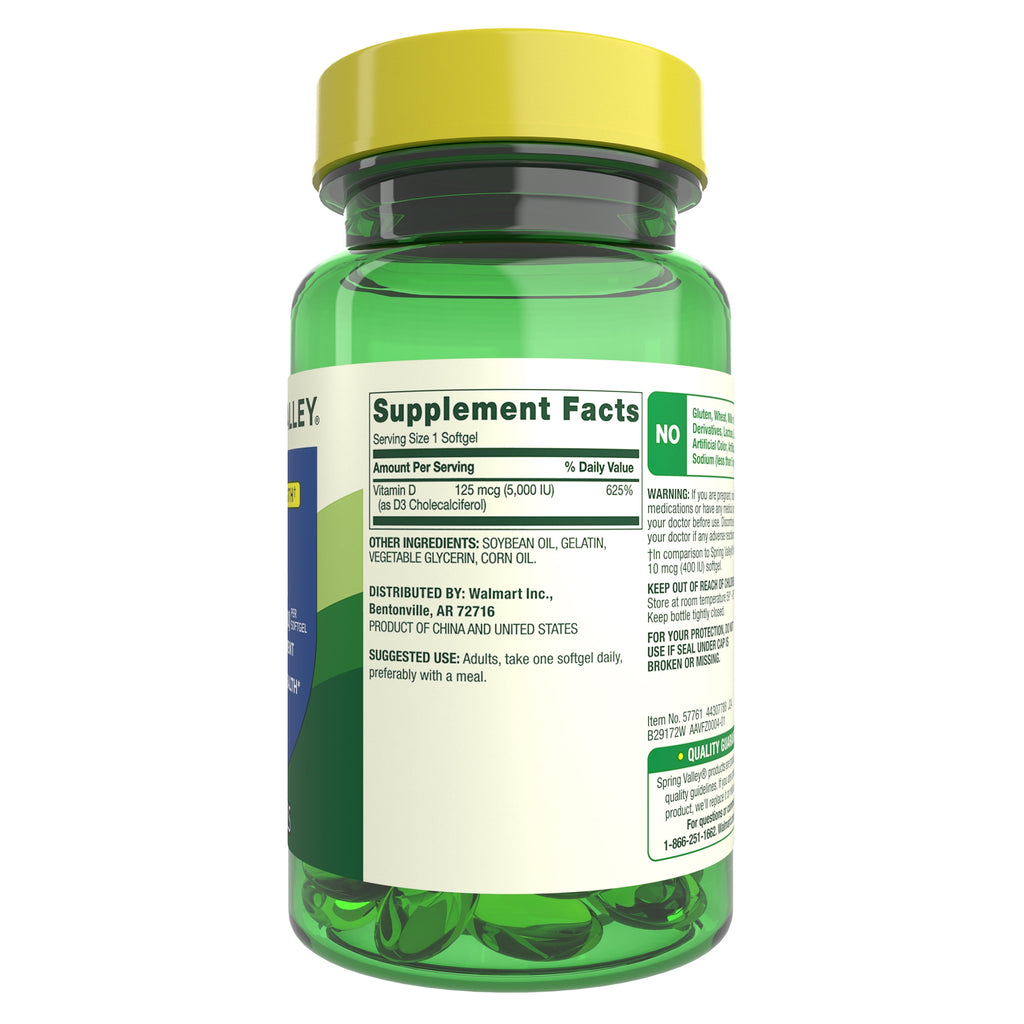 Spring Valley Extra Strength Vitamin D3 Softgels, 125 mcg (5000 IU), 250 Count, Supplement for Bone and Immune Health