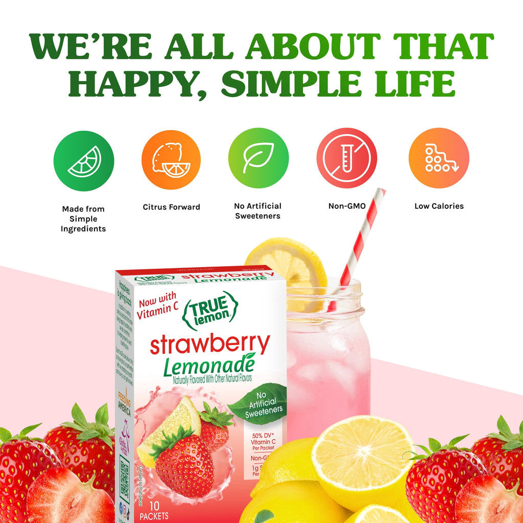True Lemon Strawberry Lemonade Drink Mix Powder, No Artificial Sweeteners, 1.06 oz., 10 Count Box