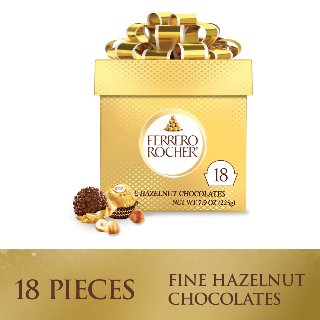Ferrero Rocher Gourmet Hazelnut Milk Chocolate Gift Box, 18 Individually Wrapped Chocolates, 7.9 oz
