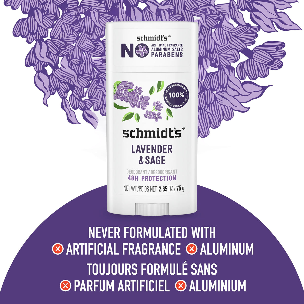Schmidt's Lavender & Sage 24 Hour Odor Protection Aluminum-Free Vegan Deodorant, 2.65 oz