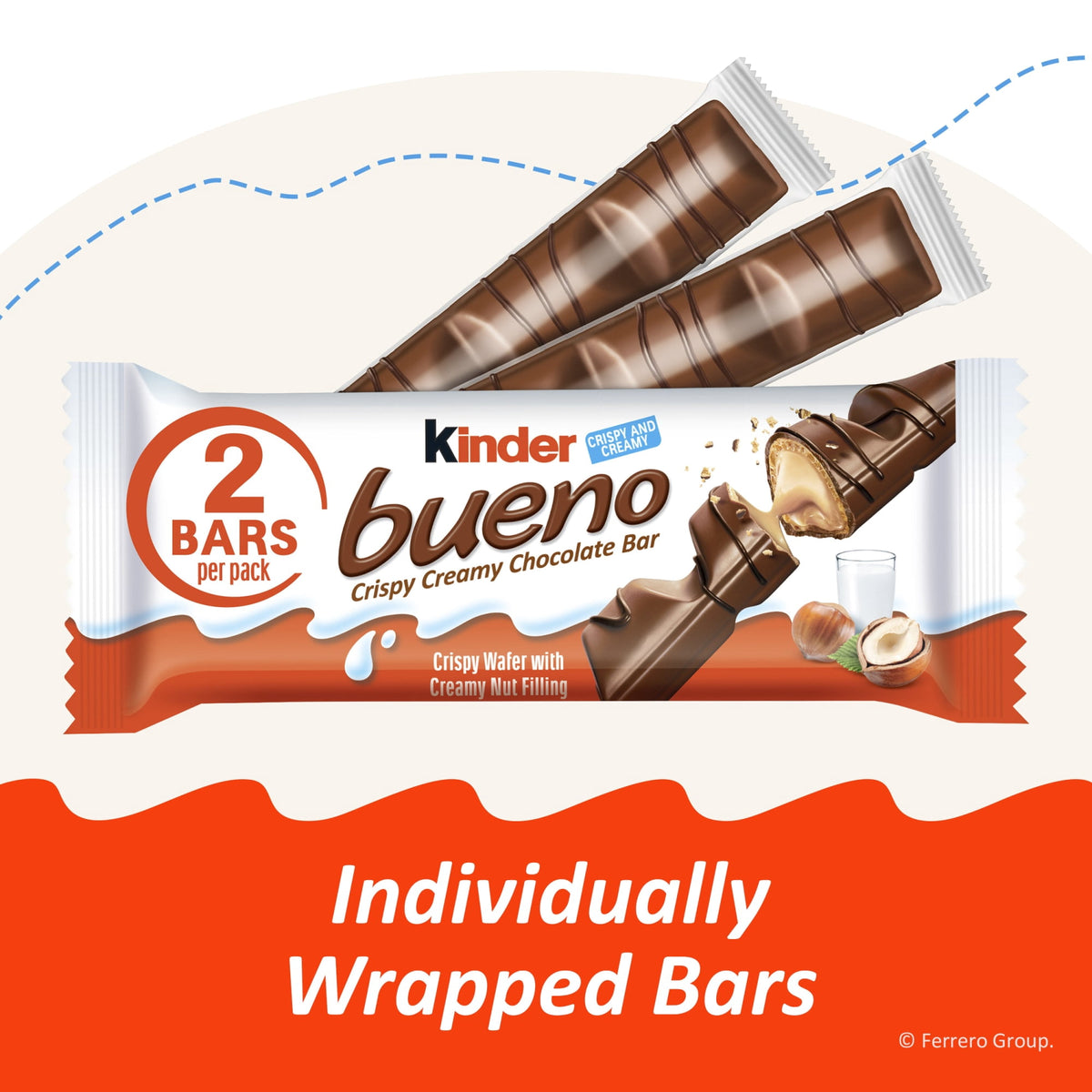 Kinder Bueno Milk Chocolate Bars with Crispy Wafer and Hazelnut Cream, 30 Count, 2 Bars per Pack, 1.5 oz Each