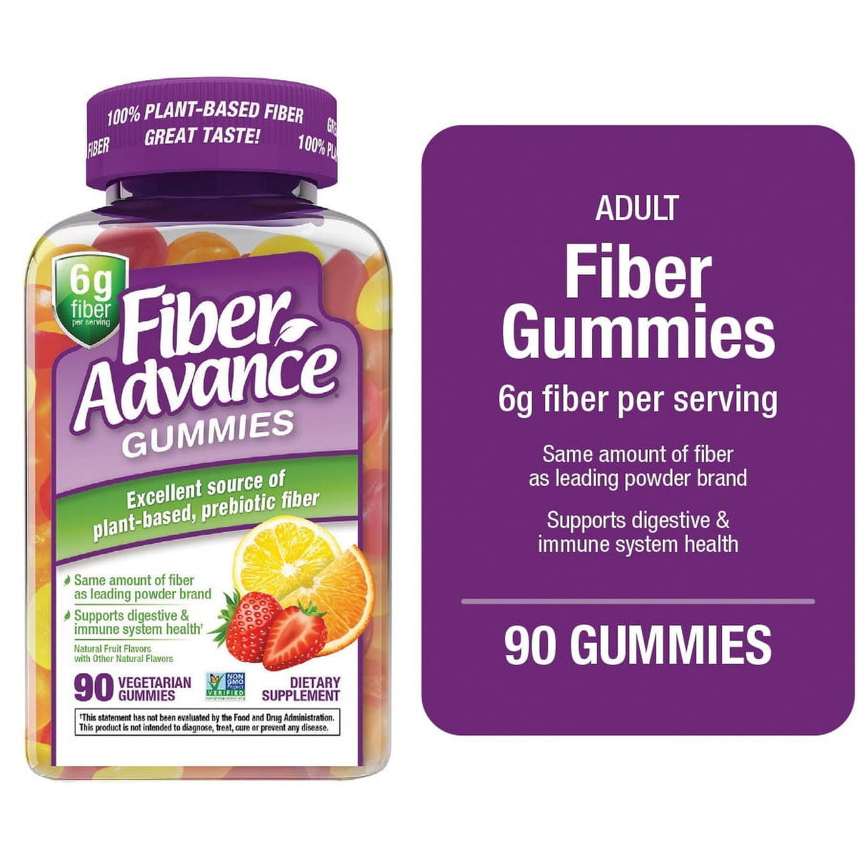 Fiber Advance Plant Based Prebiotic Fiber Supplement Gummies, Natural Fruit, 90 Count