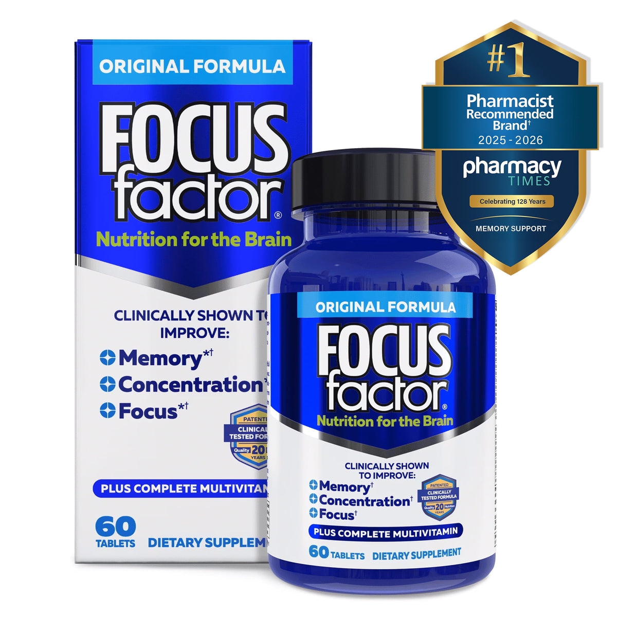 FOCUS FACTOR Original (60 Count) - Brain Health Supplement with Vitamins B6, B12, D, Bacopa Monnieri