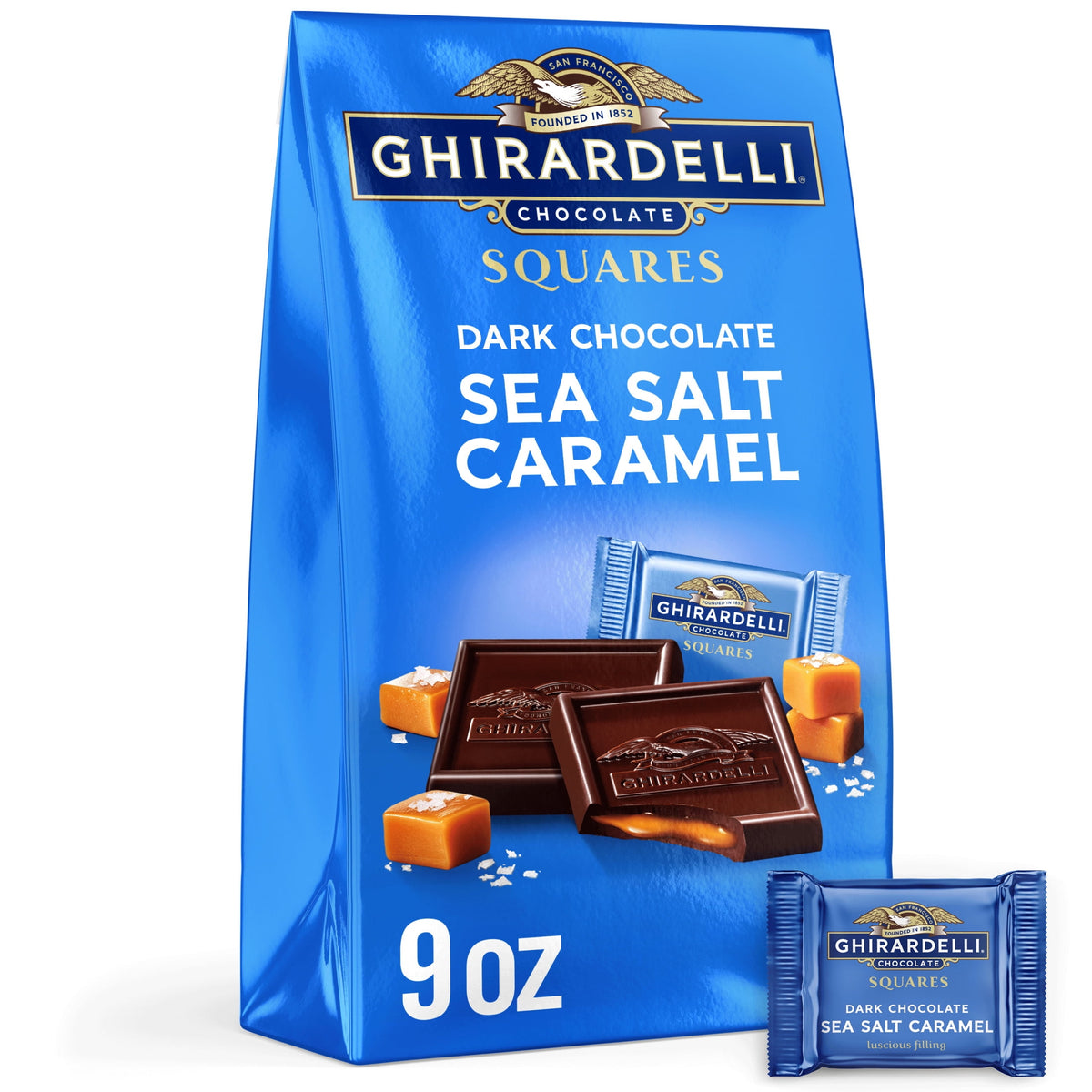 GHIRARDELLI Dark Chocolate Candy SQUARES with Sea Salt Caramel Filling, 9 oz Bag