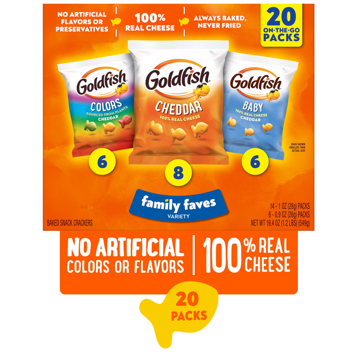 Goldfish Family Faves Crackers, Cheddar, Colors and Baby Crackers Snack Pack, 0.9 oz, 20-Count Variety Pack Box