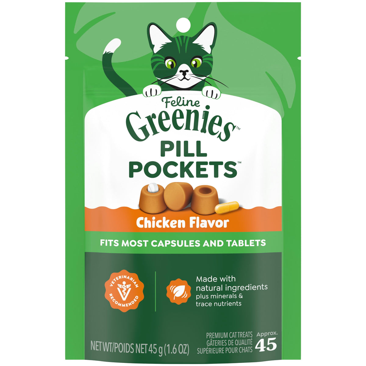 Feline Greenies Pill Pockets For Cats Natural Soft Cat Treats, Chicken Flavor, 1.6 Oz. Pack (45 Treats)
