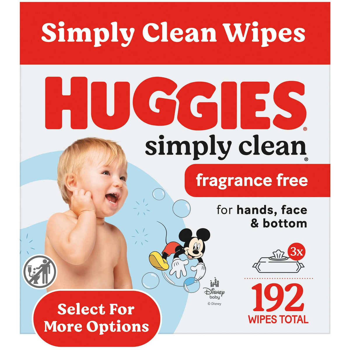 Huggies Simply Clean Unscented Baby Wipes, 3 Flip-Top Packs, 192 Count