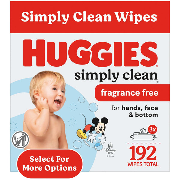 Huggies Simply Clean Unscented Baby Wipes, 3 Flip-Top Packs, 192 Count