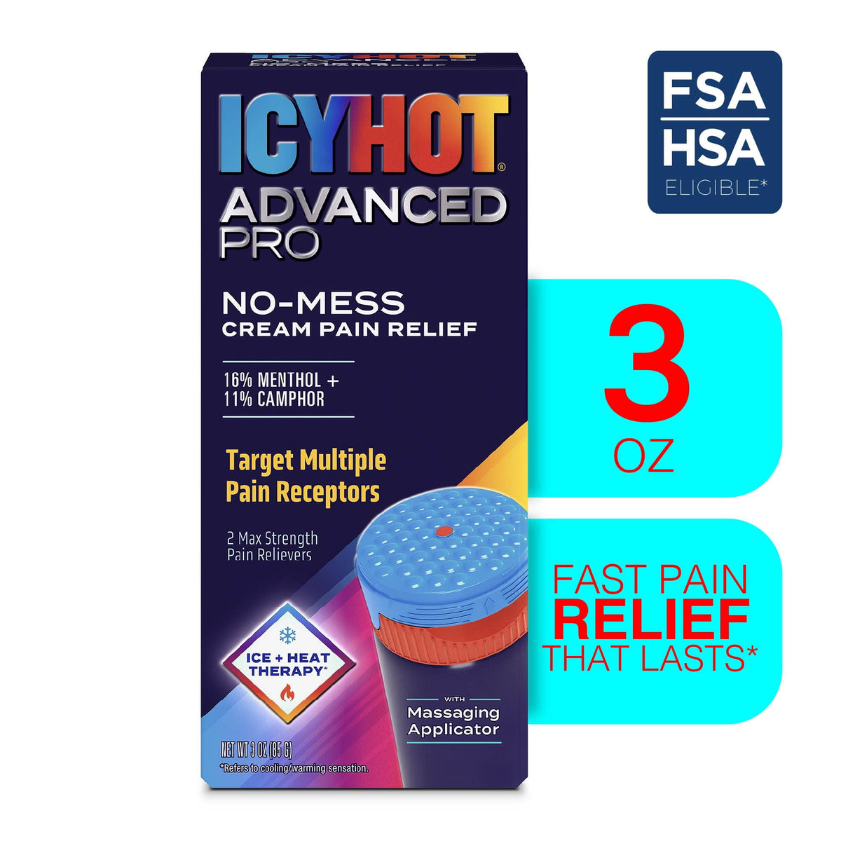 Icy Hot Advanced PRO Pain Relief No-Mess Cream With Massaging Applicator, Max Strength Pain Relief With Menthol 16% and Camphor 11% for Backaches