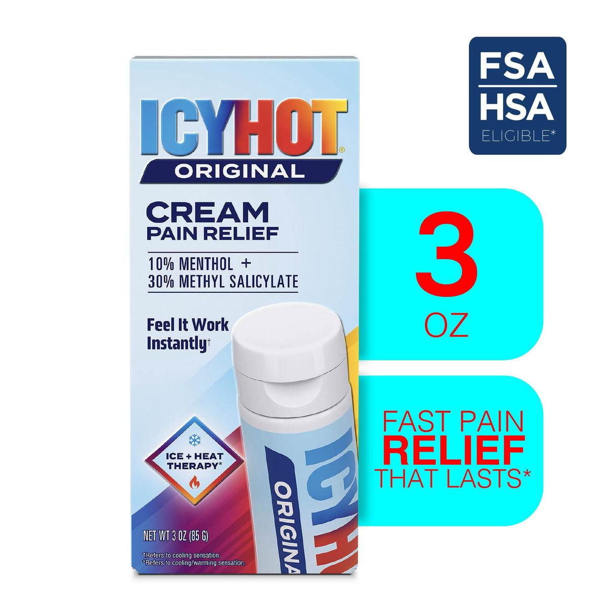 Icy Hot Original Pain Relief Cream, Fast-Acting Pain Relief With Menthol 10% and Methyl Salicylate 30%, Ice and Heat Contrast Therapy for Backaches