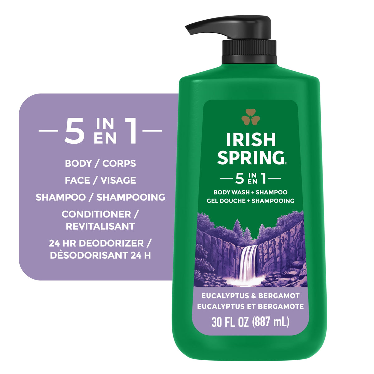 Irish Spring 5 in 1 Men's Body, Hair, & Face Wash, Eucalyptus & Bergamot Scent, 30 fl oz