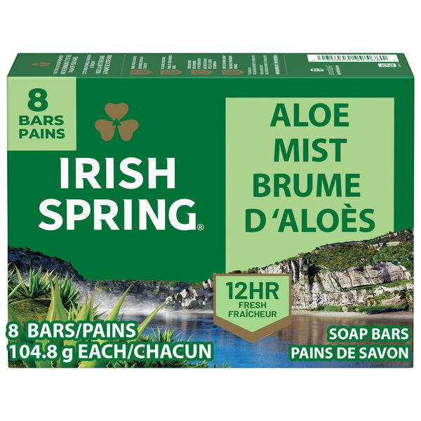 Irish Spring Aloe Mist Deodorant Bar Soap for Men, 12 Hour Fresh Deodorant Soap, 3.7 oz Bar (8 Pack)