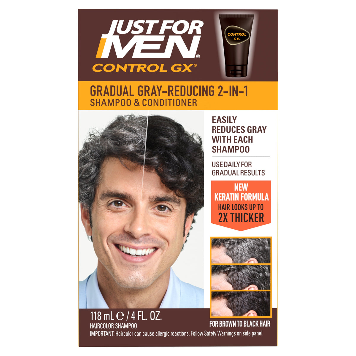 Just for Men Control GX Grey Reducing 2-in-1 Shampoo and Conditioner, Gradual Hair Color with Keratin for Stronger Thicker and Healthier Looking Hair