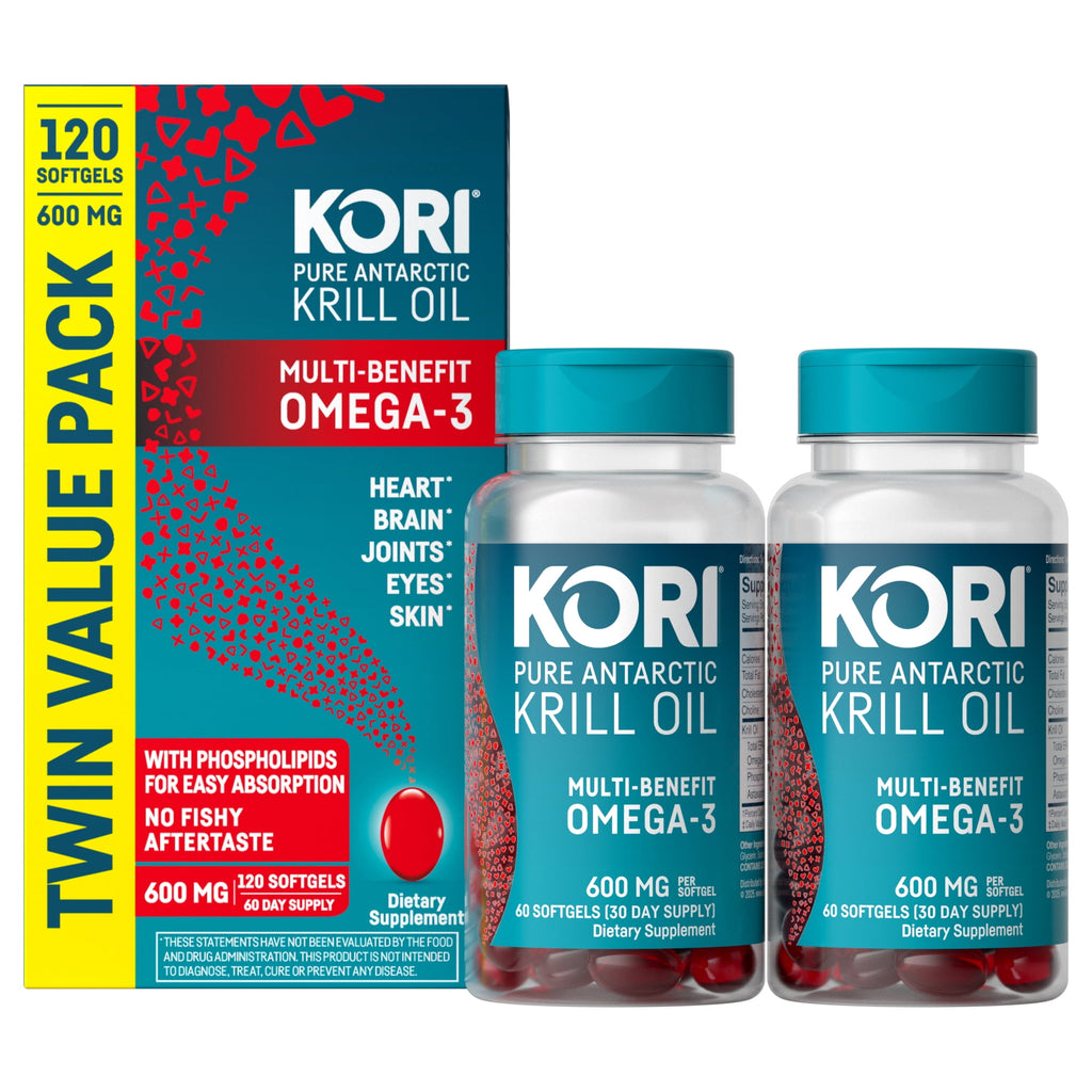 Kori Krill Superior Absorption Vs Fish Oil, Omega-3 Supplement for Heart, Brain, Joint, Eye, Skin & Immune Health, Softgels, 120 Count, Twin Pack