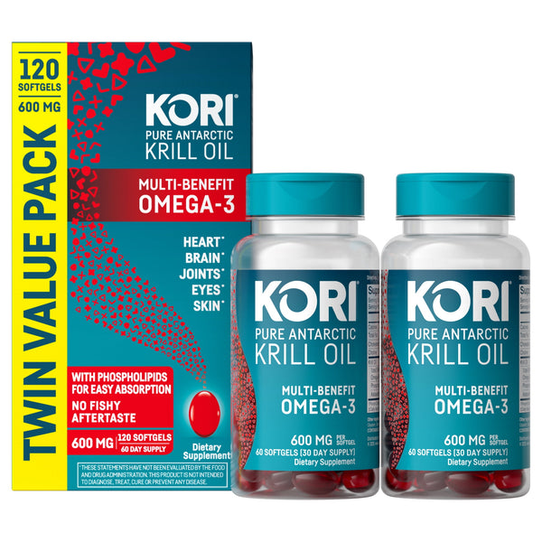 Kori Krill Superior Absorption Vs Fish Oil, Omega-3 Supplement for Heart, Brain, Joint, Eye, Skin & Immune Health, Softgels, 120 Count, Twin Pack