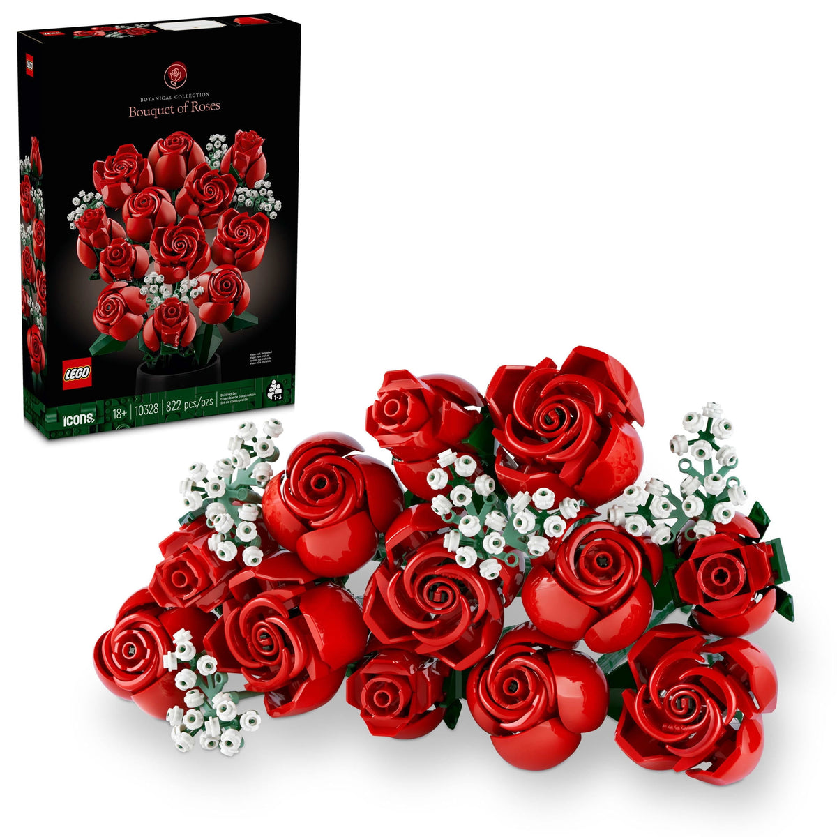 LEGO Botanicals Bouquet of Roses Artificial Flowers - Fake Red Roses Building Set for Adults, Ages 18+ - Wedding Decor for Table Display - Gift