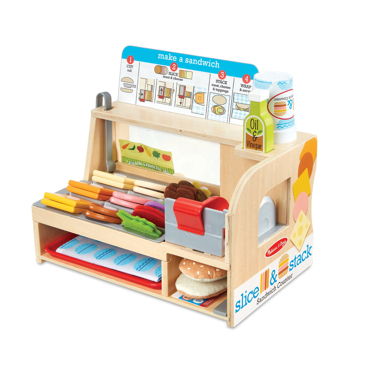 Melissa & Doug Wooden Slice & Stack Sandwich Counter with Deli Slicer – 56-Pieces - FSC Certified